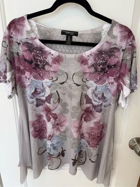 Style & Co. Floral Scoop Neck Tee in Mauve and Light Blue